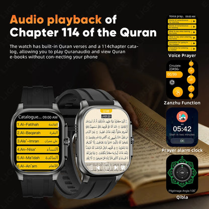 LIGE New Smart Watch with Qibla Pointer Voice Prayer MUSLIM Watch 400mAh Sport Bluetooth Call 2.01" HD Display Smartwatch Men