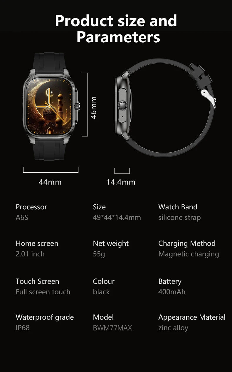 LIGE New Smart Watch with Qibla Pointer Voice Prayer MUSLIM Watch 400mAh Sport Bluetooth Call 2.01" HD Display Smartwatch Men